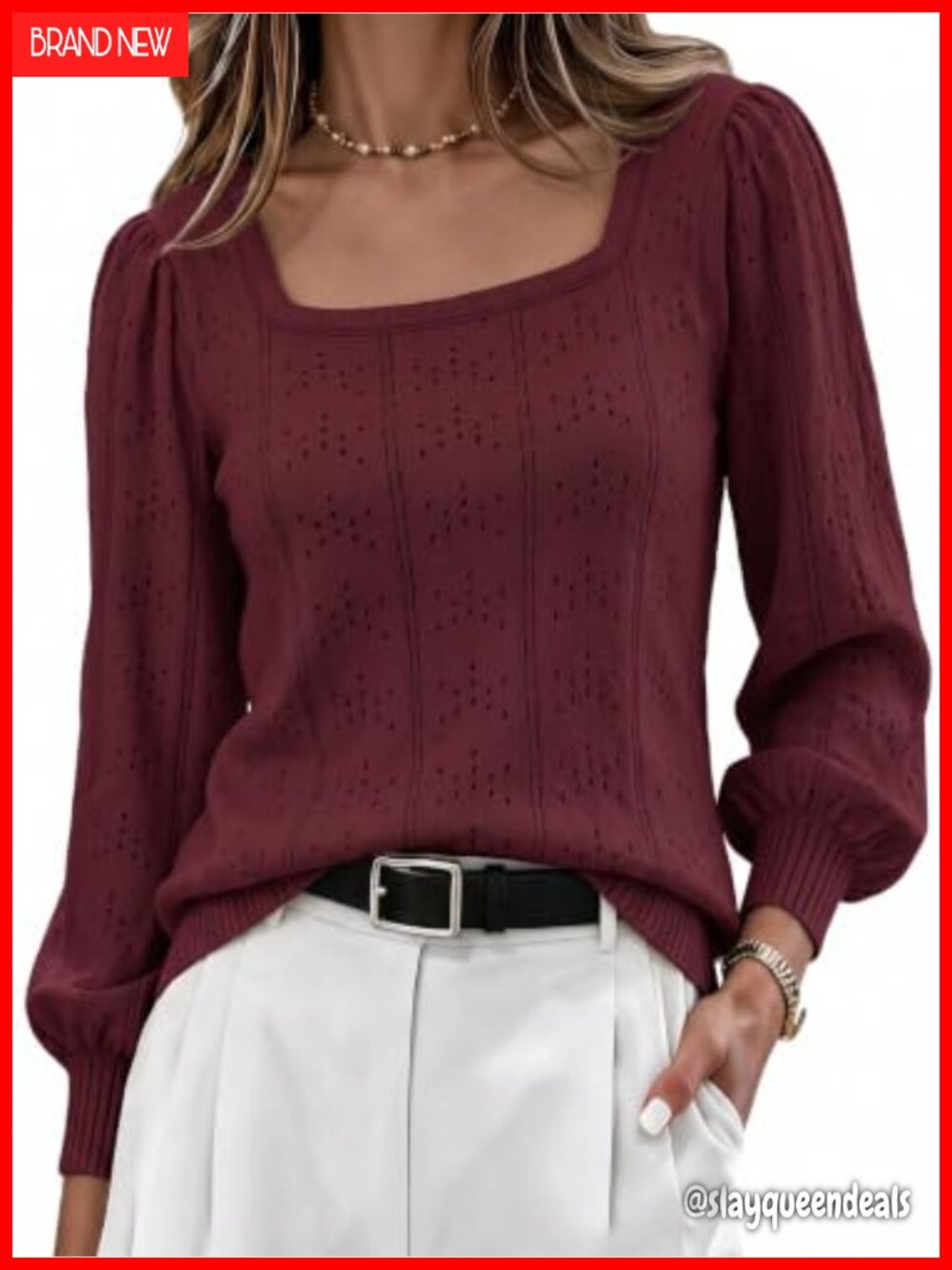 HOTOUCH Women's Puff Sleeve Square Neck Knit Sweater Pullover Tunic